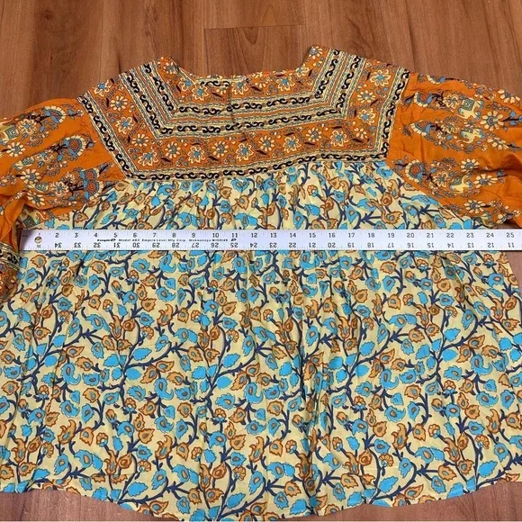 R.Vivimos Women Floral Orange and Blue Boho 3/4 Sleeve Blouse - Picture 7 of 8